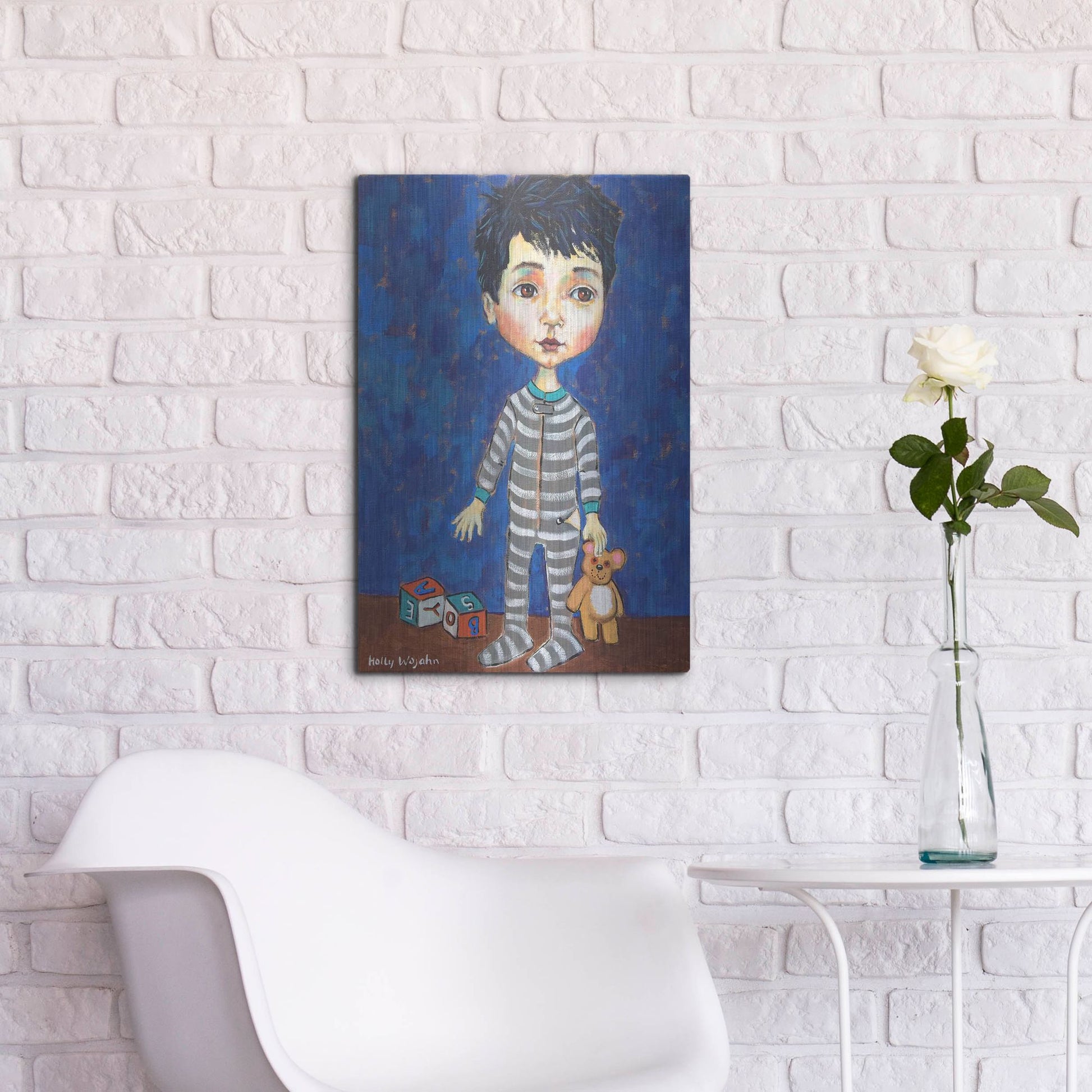 Luxe Metal Art 'Blue Pajama Boy' by Holly Wojhan, Metal Wall Art,16x24