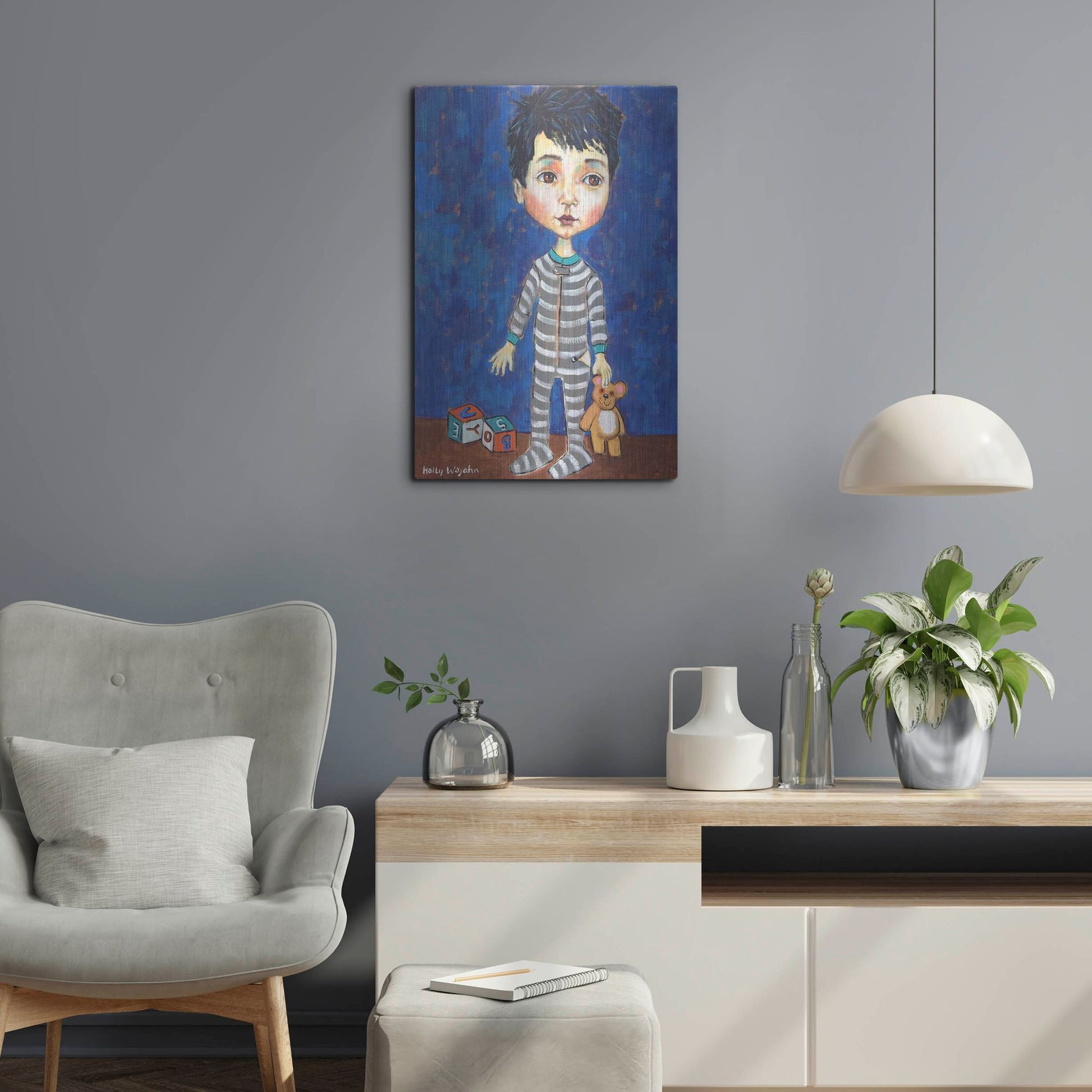 Luxe Metal Art 'Blue Pajama Boy' by Holly Wojhan, Metal Wall Art,16x24