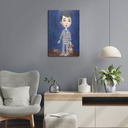 Luxe Metal Art 'Blue Pajama Boy' by Holly Wojhan, Metal Wall Art,16x24