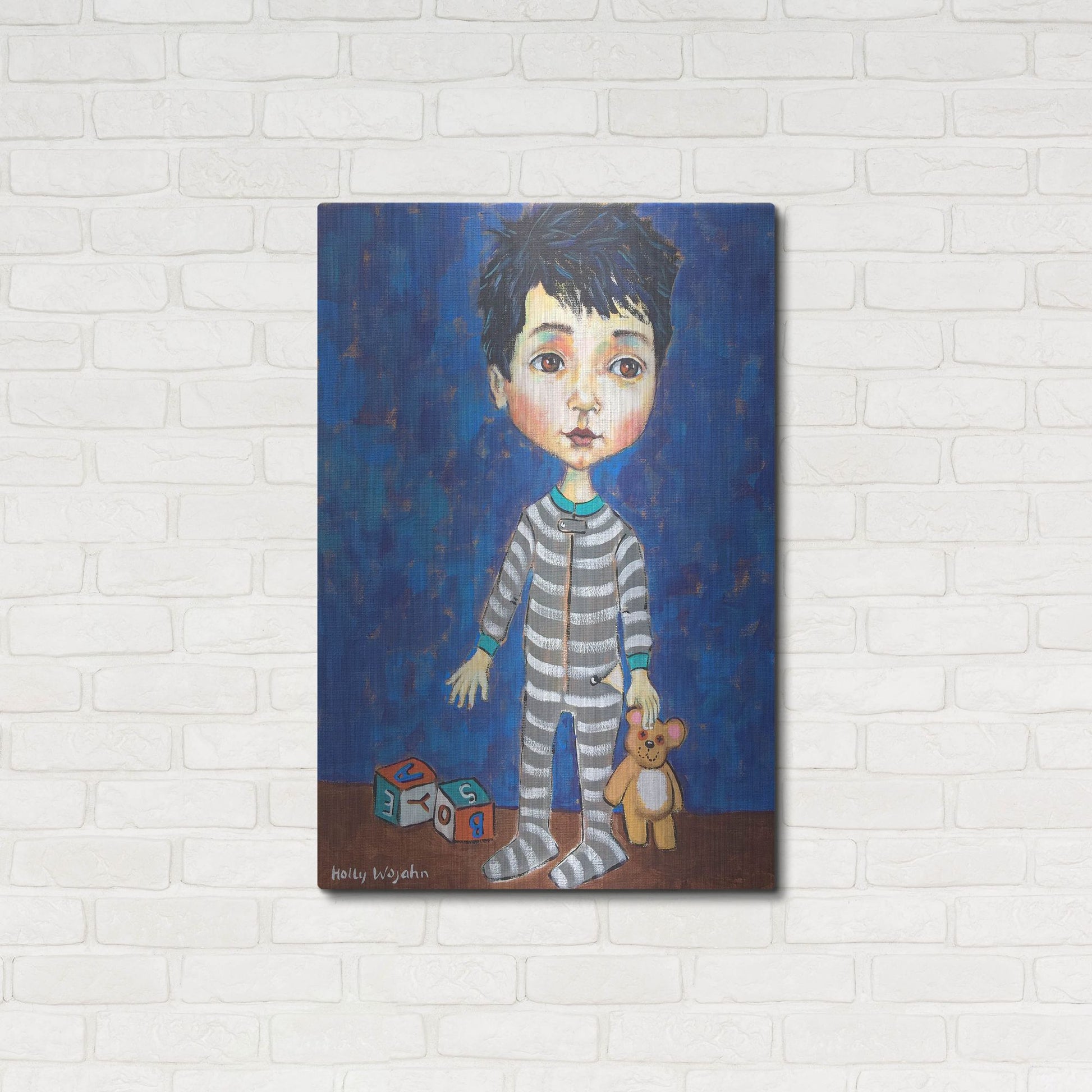 Luxe Metal Art 'Blue Pajama Boy' by Holly Wojhan, Metal Wall Art,24x36