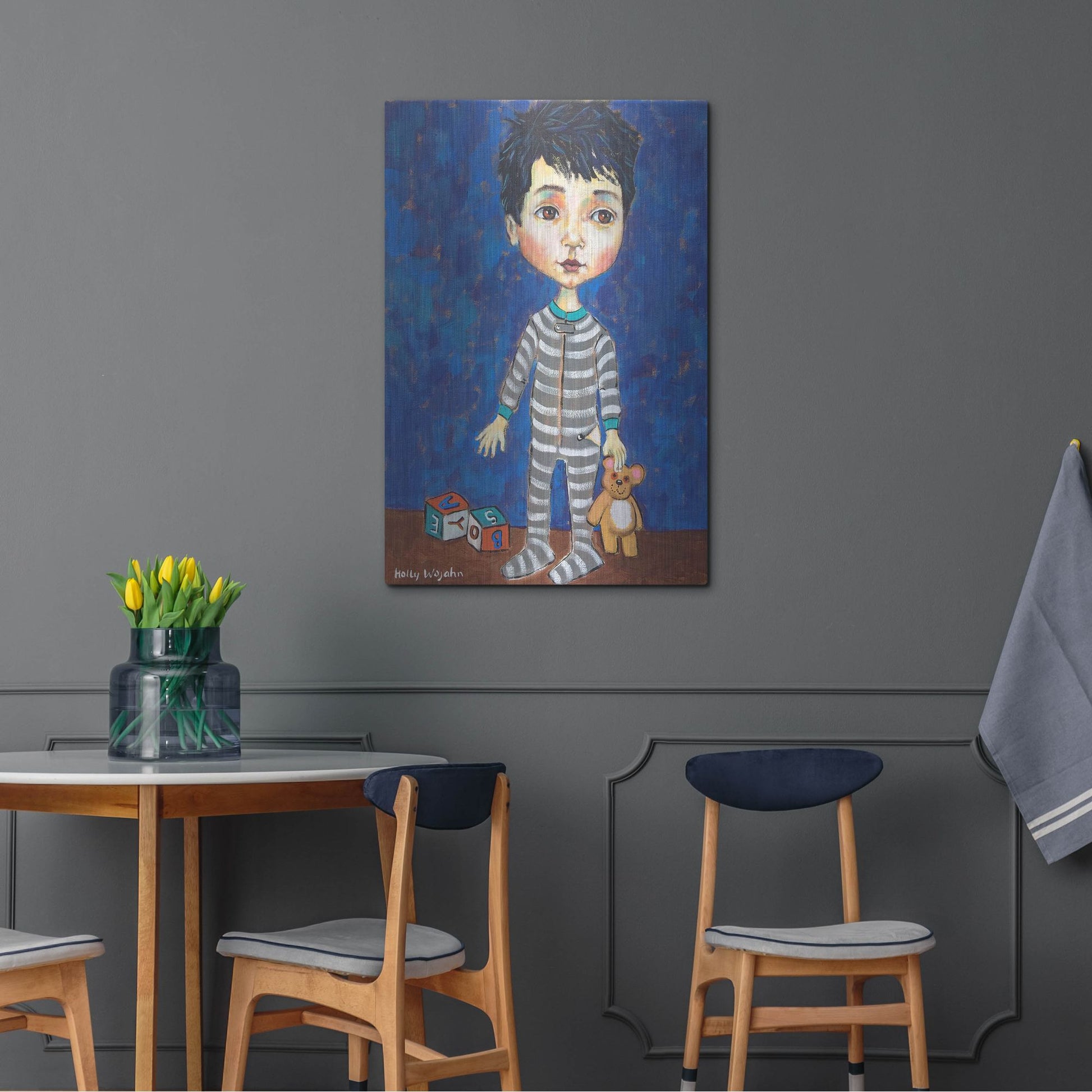 Luxe Metal Art 'Blue Pajama Boy' by Holly Wojhan, Metal Wall Art,24x36