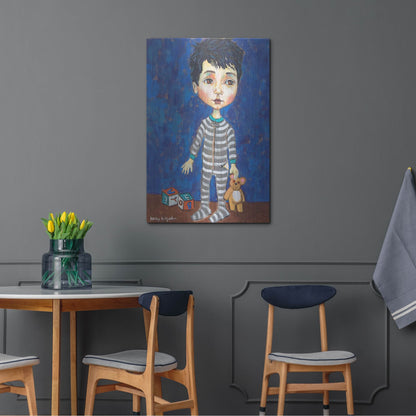 Luxe Metal Art 'Blue Pajama Boy' by Holly Wojhan, Metal Wall Art,24x36