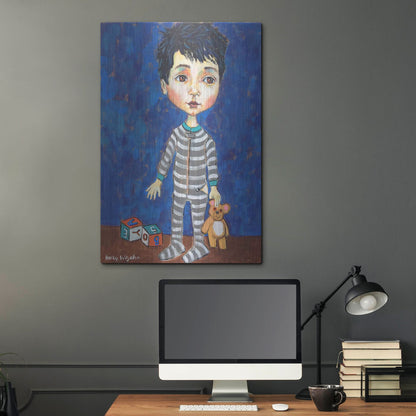 Luxe Metal Art 'Blue Pajama Boy' by Holly Wojhan, Metal Wall Art,24x36