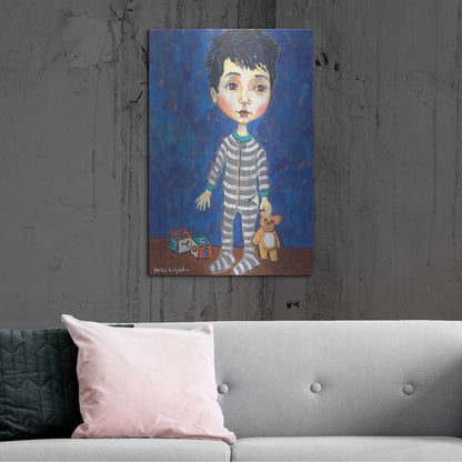 Luxe Metal Art 'Blue Pajama Boy' by Holly Wojhan, Metal Wall Art,24x36