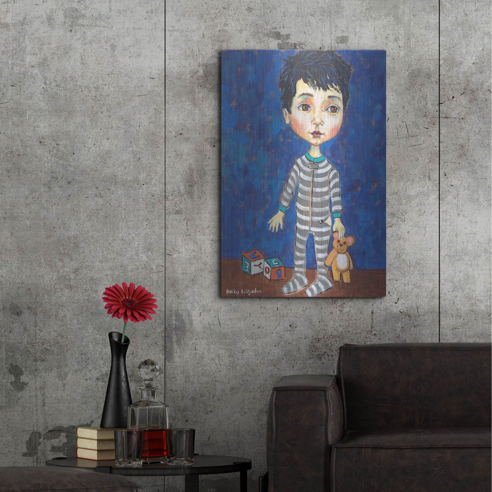 Luxe Metal Art 'Blue Pajama Boy' by Holly Wojhan, Metal Wall Art,24x36