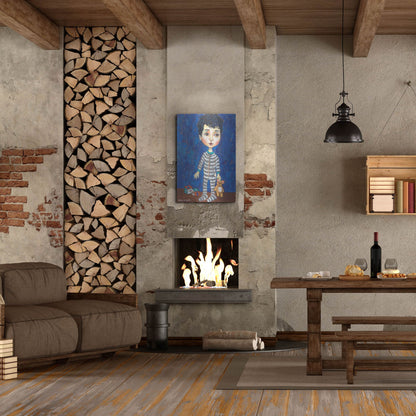 Luxe Metal Art 'Blue Pajama Boy' by Holly Wojhan, Metal Wall Art,24x36