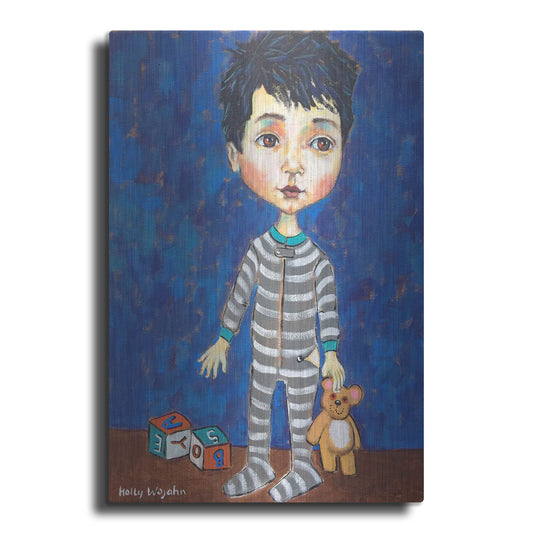 Luxe Metal Art 'Blue Pajama Boy' by Holly Wojhan, Metal Wall Art