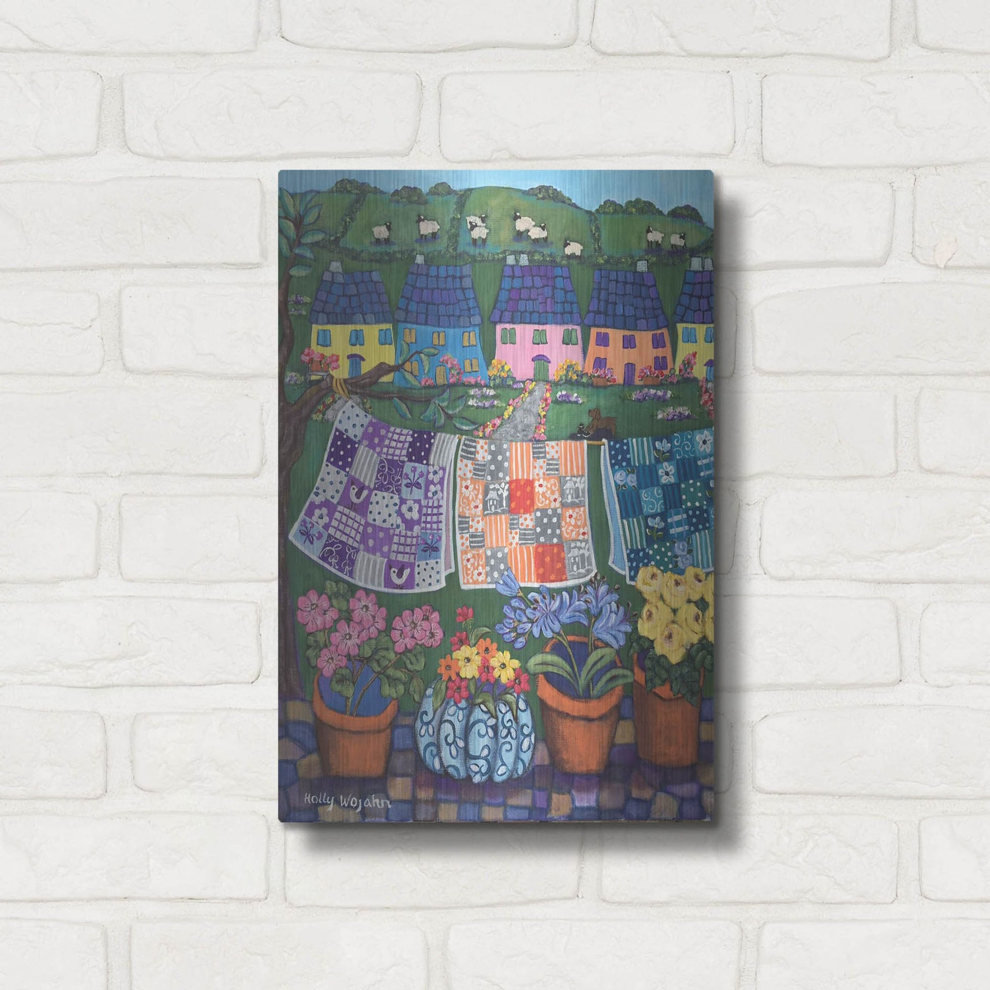 Luxe Metal Art 'Sheepish Hillsides with Cottages and quilts' by Holly Wojhan, Metal Wall Art,12x16