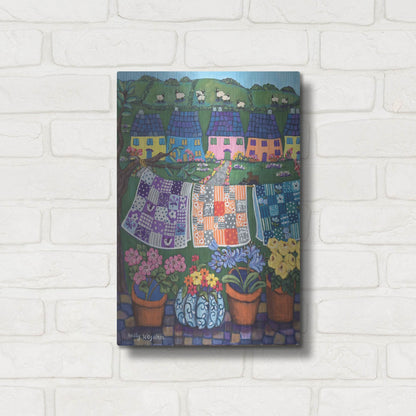 Luxe Metal Art 'Sheepish Hillsides with Cottages and quilts' by Holly Wojhan, Metal Wall Art,12x16