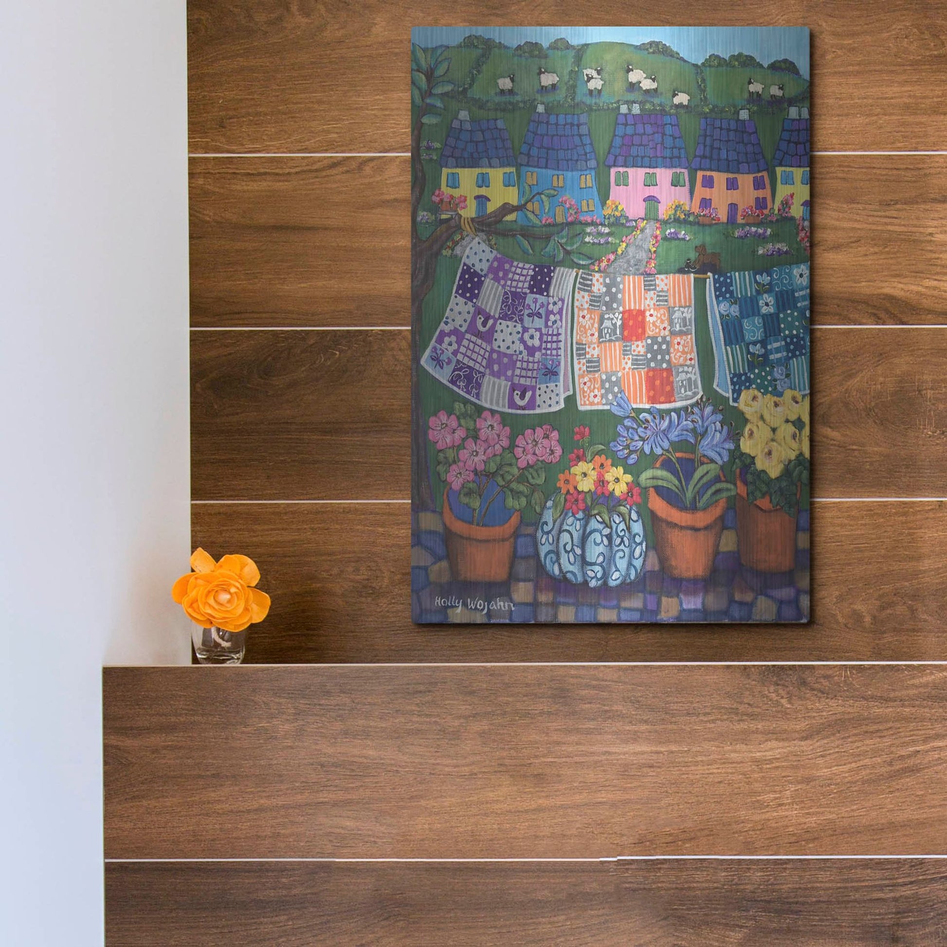 Luxe Metal Art 'Sheepish Hillsides with Cottages and quilts' by Holly Wojhan, Metal Wall Art,12x16