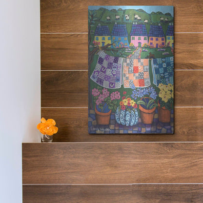 Luxe Metal Art 'Sheepish Hillsides with Cottages and quilts' by Holly Wojhan, Metal Wall Art,12x16