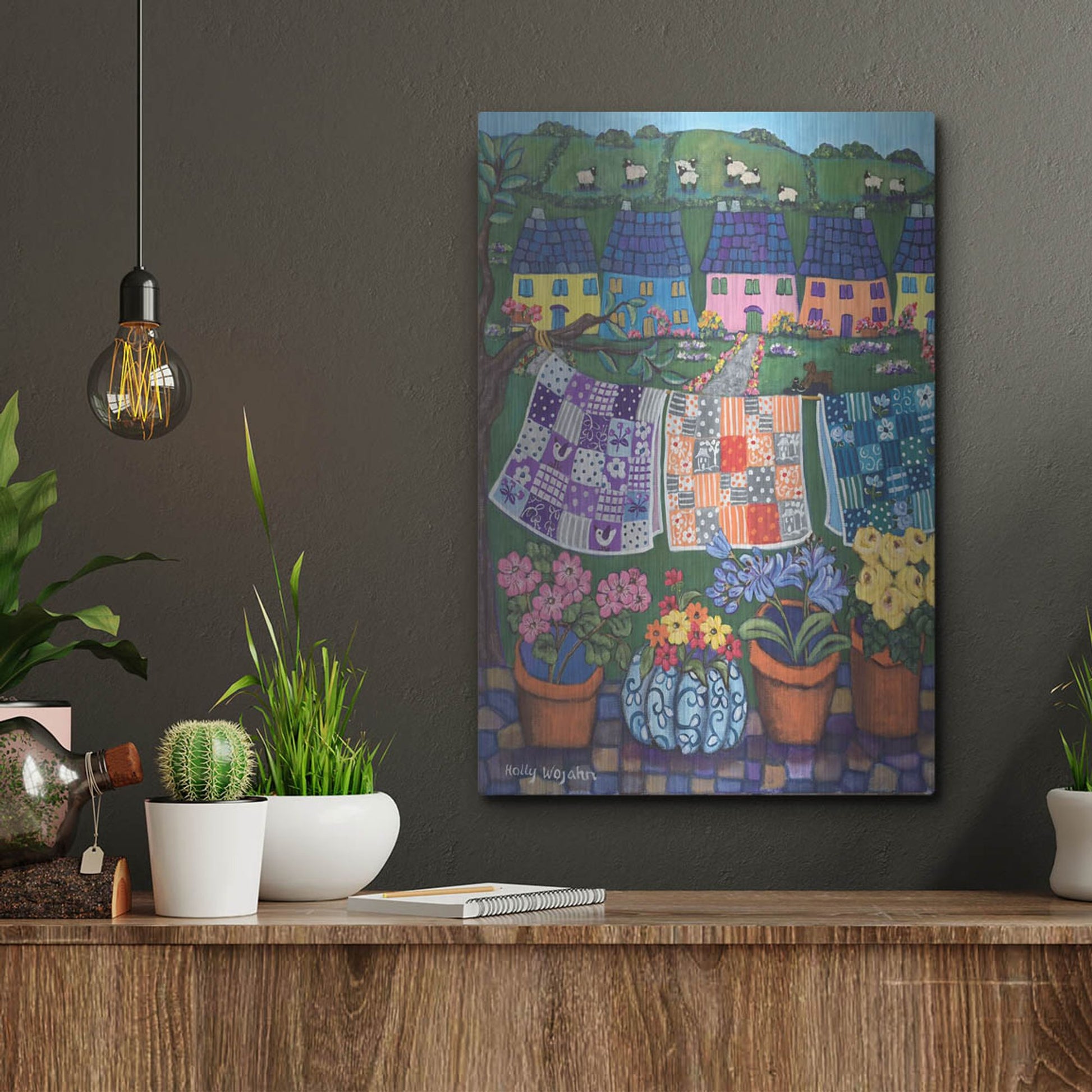 Luxe Metal Art 'Sheepish Hillsides with Cottages and quilts' by Holly Wojhan, Metal Wall Art,12x16