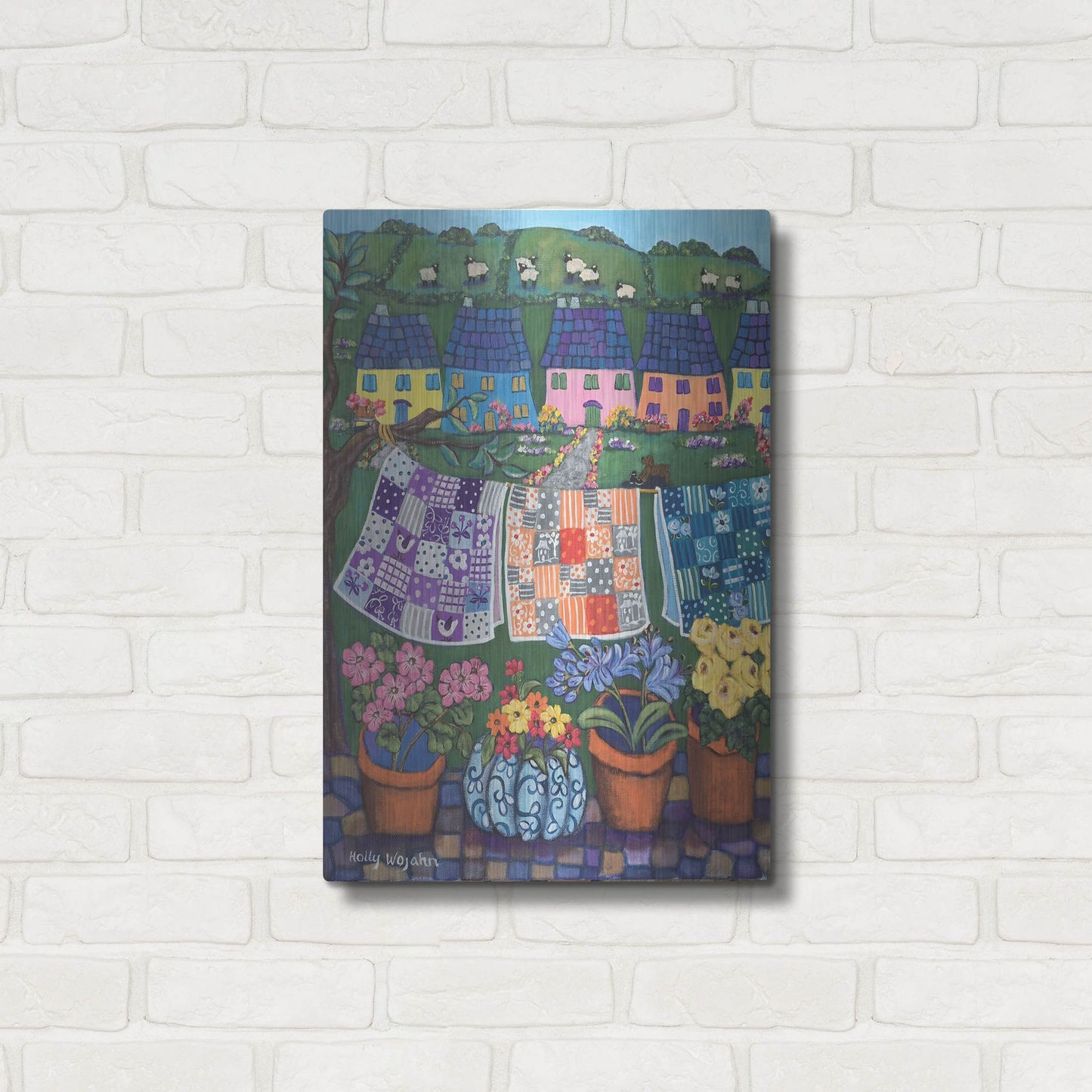 Luxe Metal Art 'Sheepish Hillsides with Cottages and quilts' by Holly Wojhan, Metal Wall Art,16x24