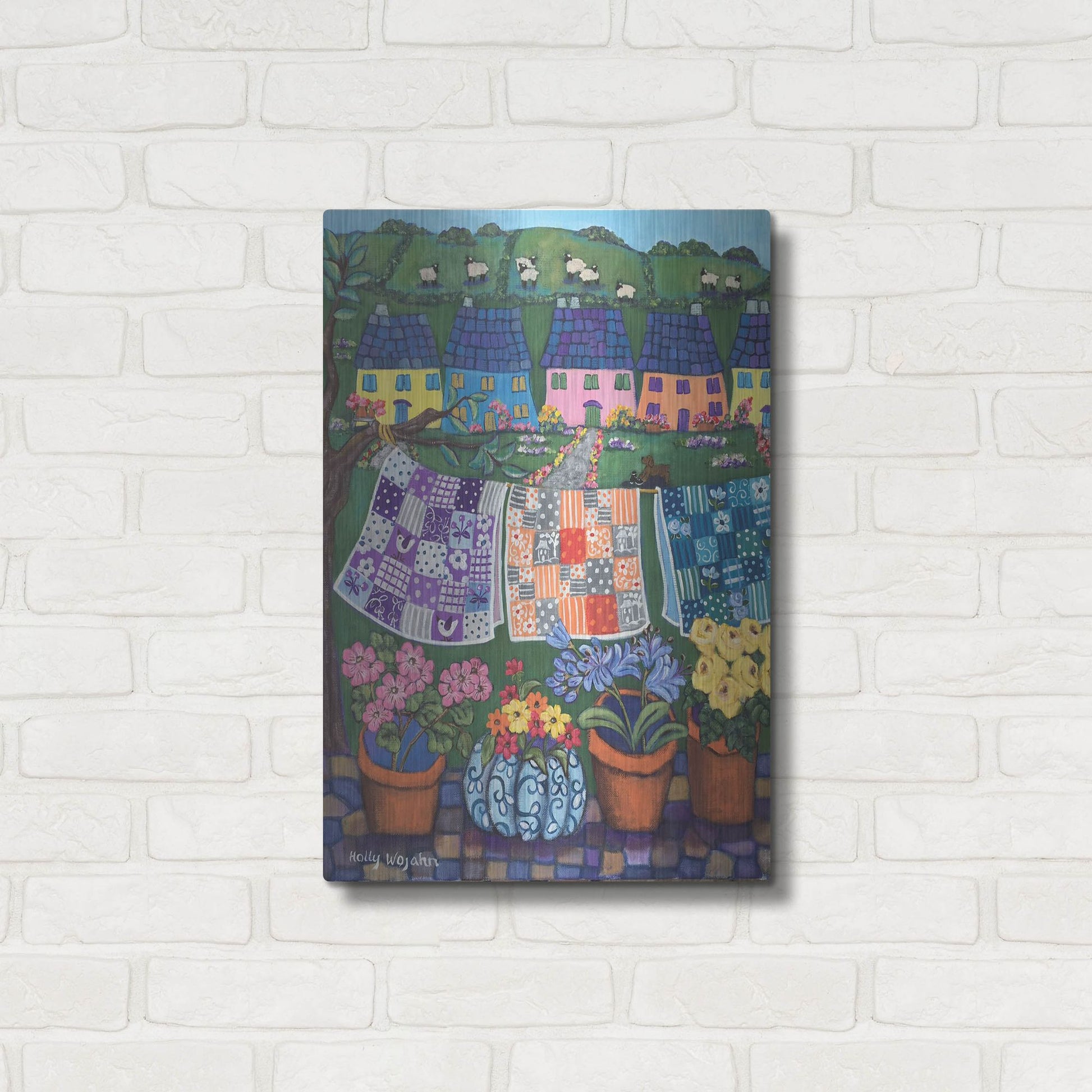 Luxe Metal Art 'Sheepish Hillsides with Cottages and quilts' by Holly Wojhan, Metal Wall Art,16x24