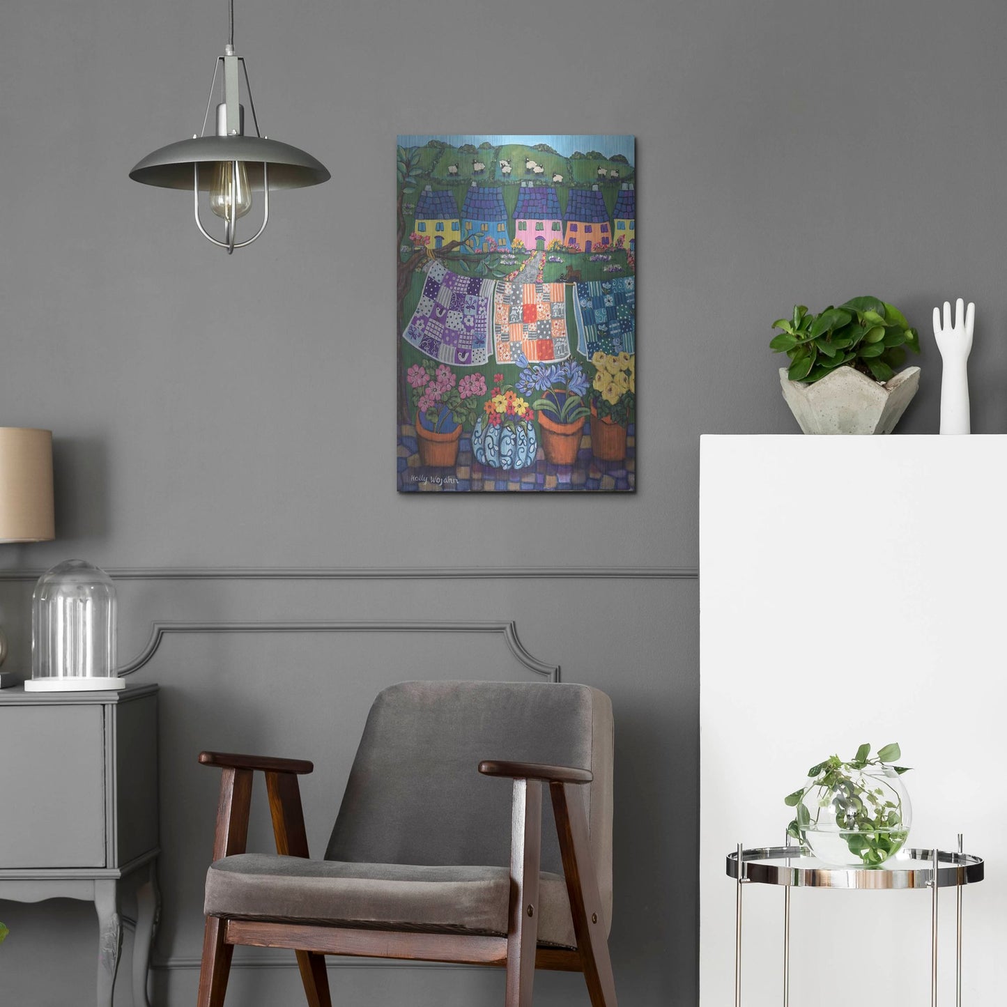 Luxe Metal Art 'Sheepish Hillsides with Cottages and quilts' by Holly Wojhan, Metal Wall Art,16x24