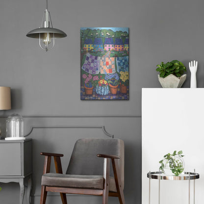 Luxe Metal Art 'Sheepish Hillsides with Cottages and quilts' by Holly Wojhan, Metal Wall Art,16x24