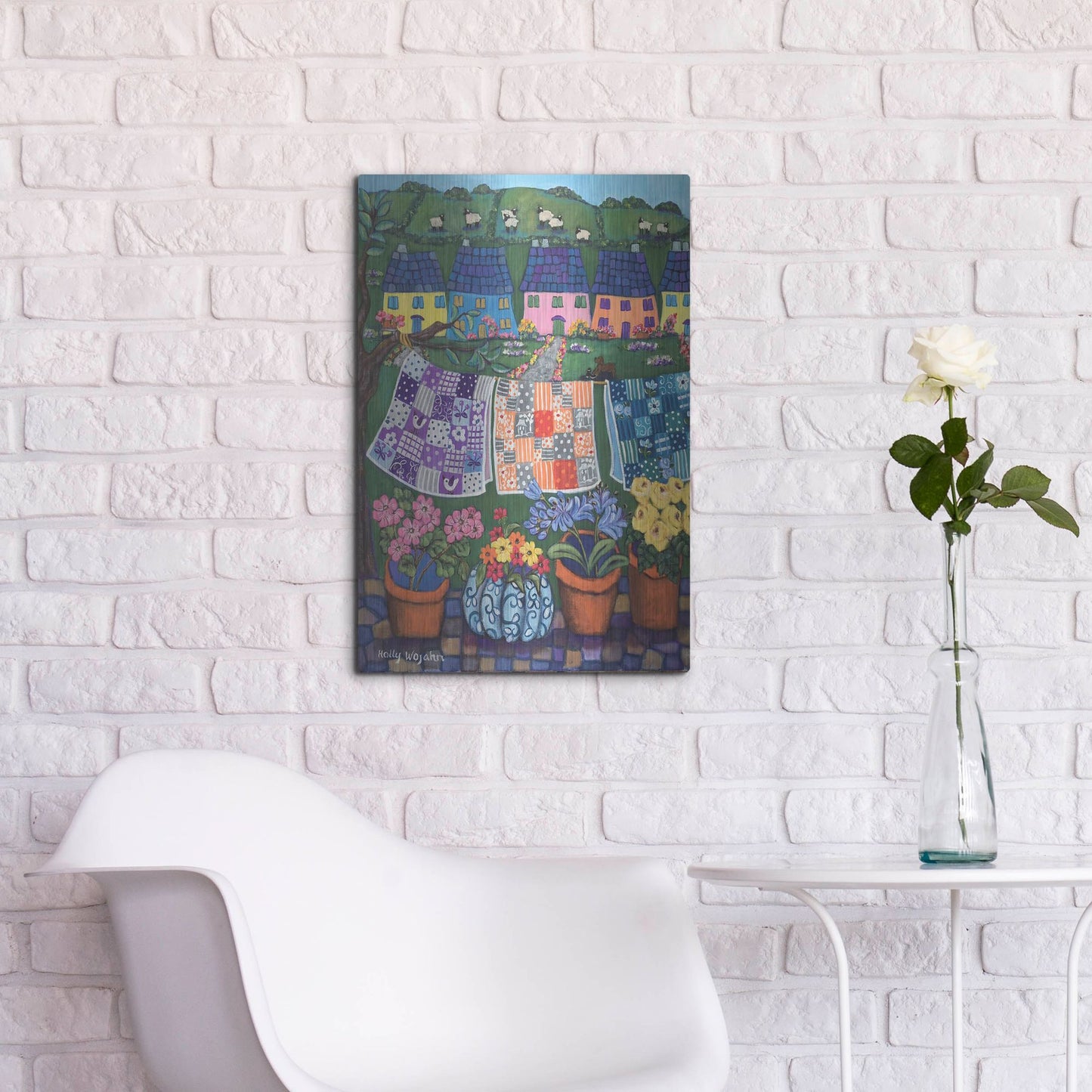 Luxe Metal Art 'Sheepish Hillsides with Cottages and quilts' by Holly Wojhan, Metal Wall Art,16x24