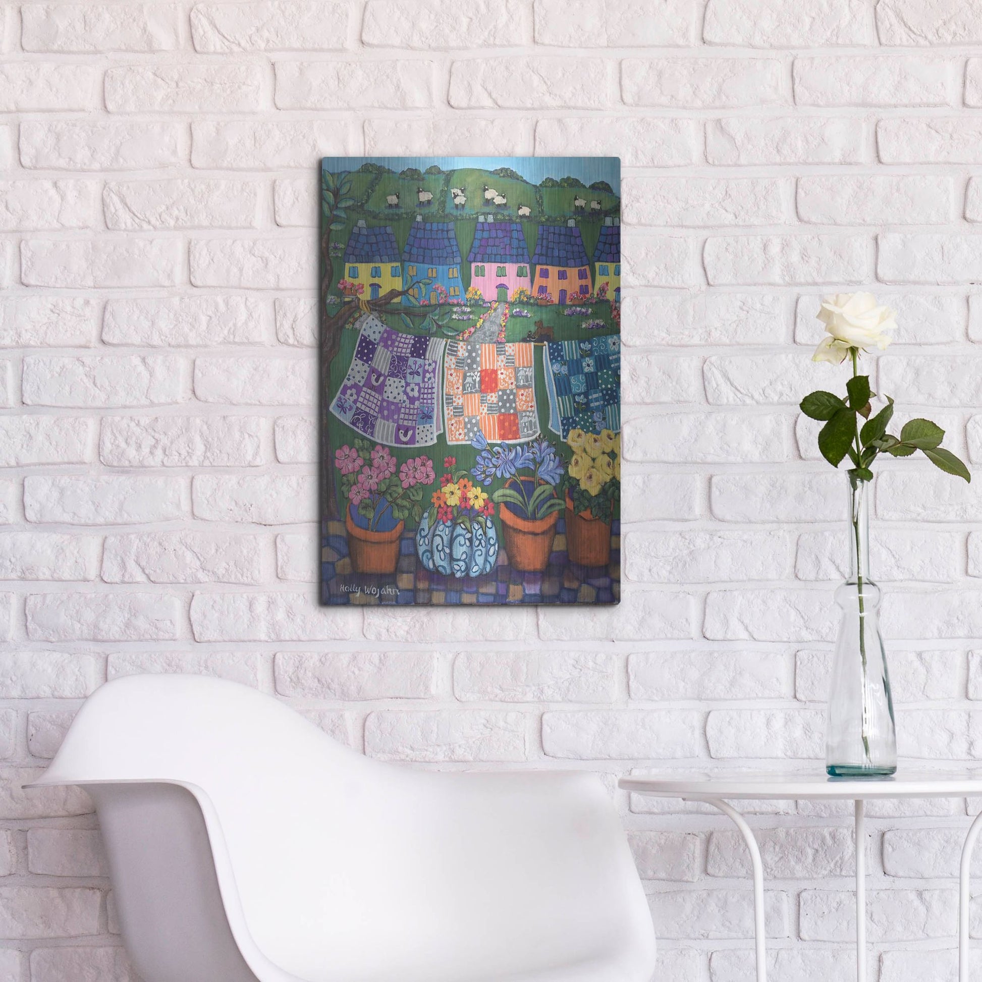 Luxe Metal Art 'Sheepish Hillsides with Cottages and quilts' by Holly Wojhan, Metal Wall Art,16x24