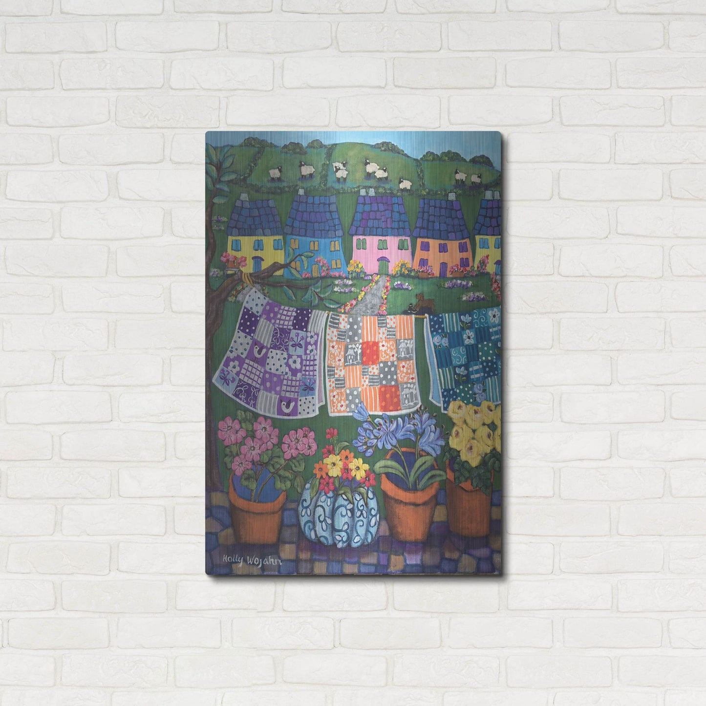 Luxe Metal Art 'Sheepish Hillsides with Cottages and quilts' by Holly Wojhan, Metal Wall Art,24x36