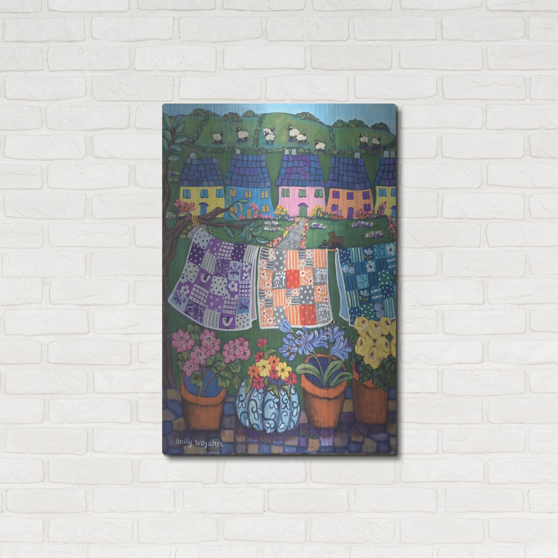Luxe Metal Art 'Sheepish Hillsides with Cottages and quilts' by Holly Wojhan, Metal Wall Art,24x36