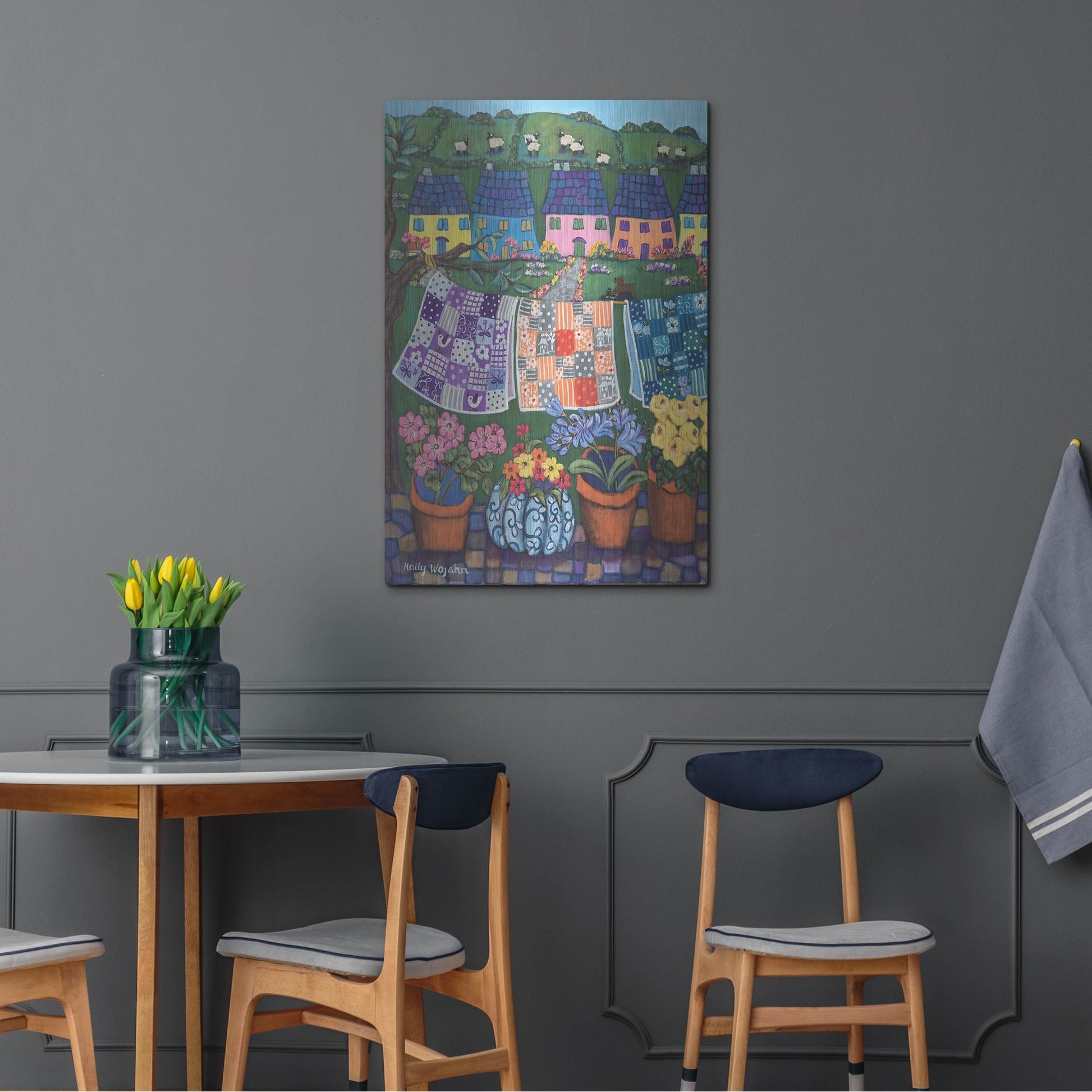 Luxe Metal Art 'Sheepish Hillsides with Cottages and quilts' by Holly Wojhan, Metal Wall Art,24x36