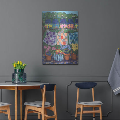Luxe Metal Art 'Sheepish Hillsides with Cottages and quilts' by Holly Wojhan, Metal Wall Art,24x36