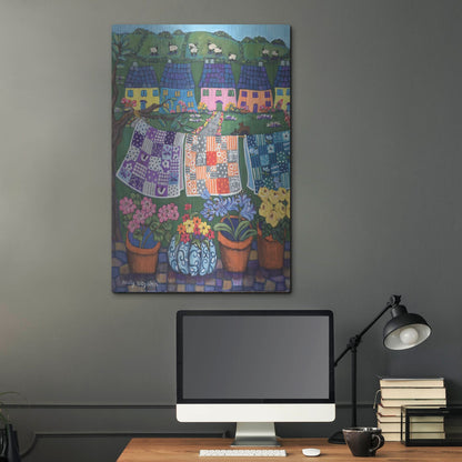 Luxe Metal Art 'Sheepish Hillsides with Cottages and quilts' by Holly Wojhan, Metal Wall Art,24x36