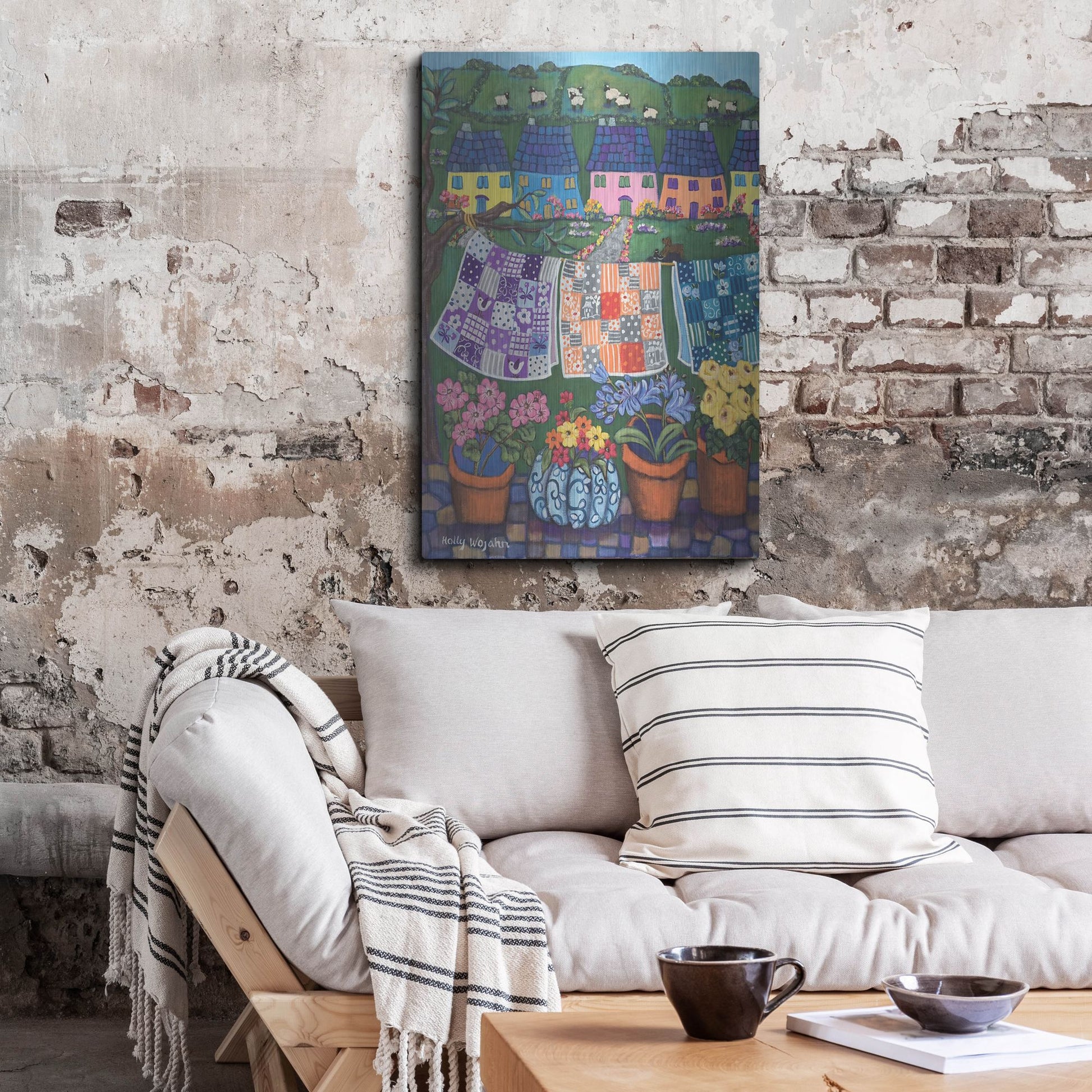 Luxe Metal Art 'Sheepish Hillsides with Cottages and quilts' by Holly Wojhan, Metal Wall Art,24x36