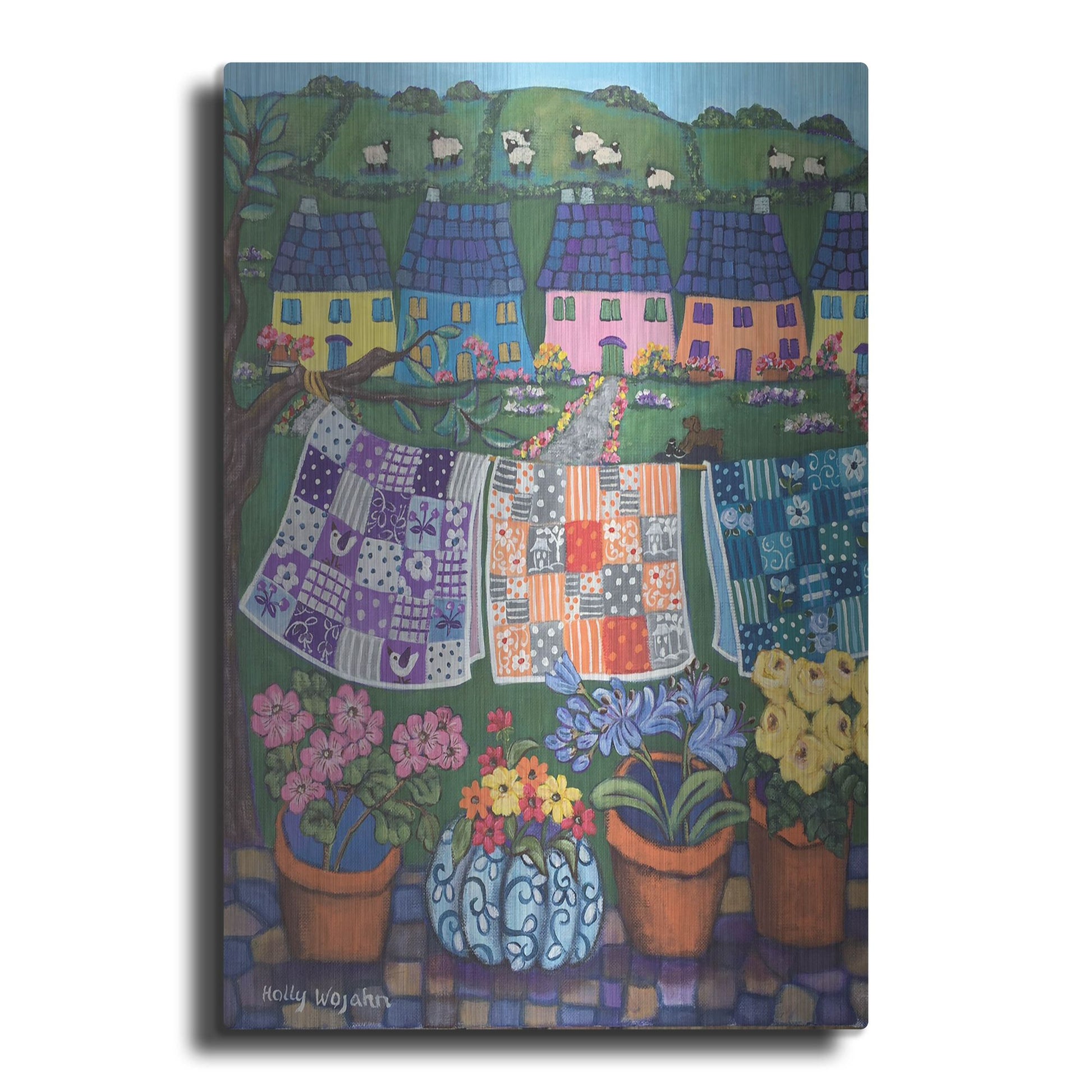 Luxe Metal Art 'Sheepish Hillsides with Cottages and quilts' by Holly Wojhan, Metal Wall Art