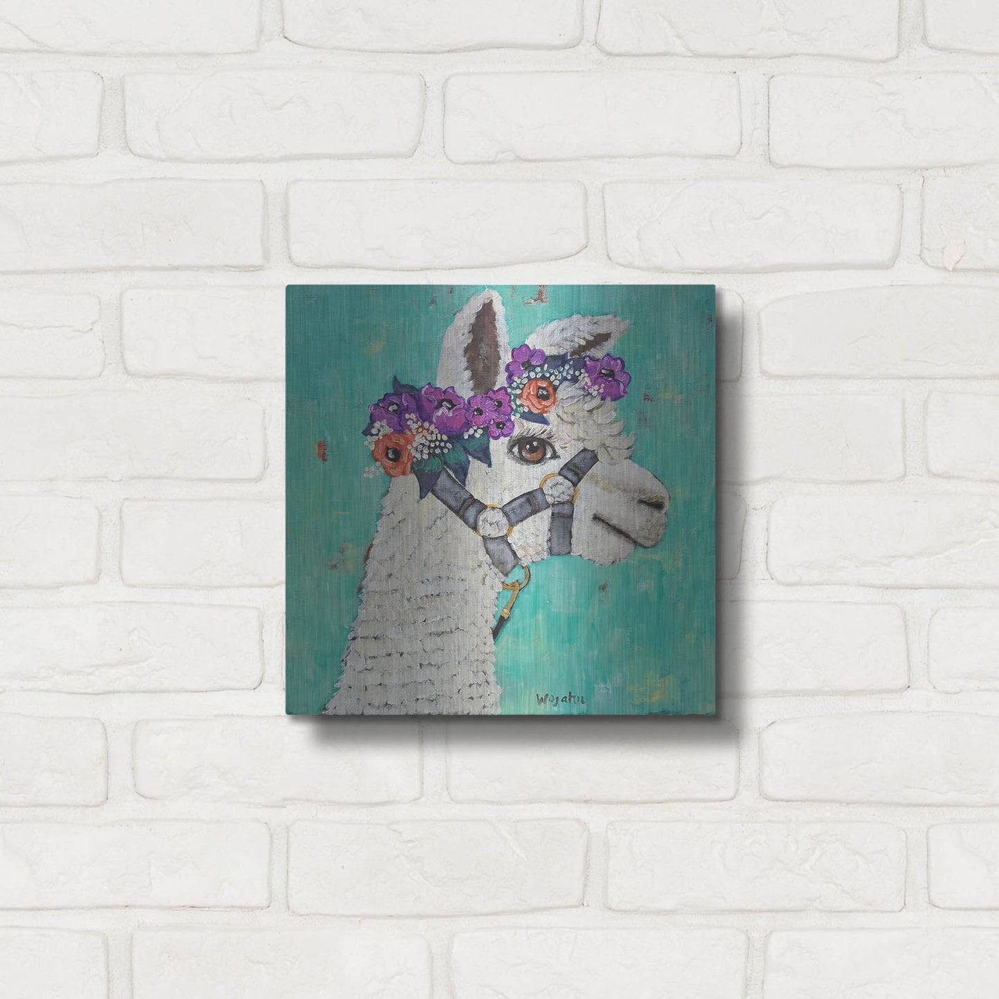 Luxe Metal Art 'Flower Headed Llama' by Holly Wojhan, Metal Wall Art,12x12