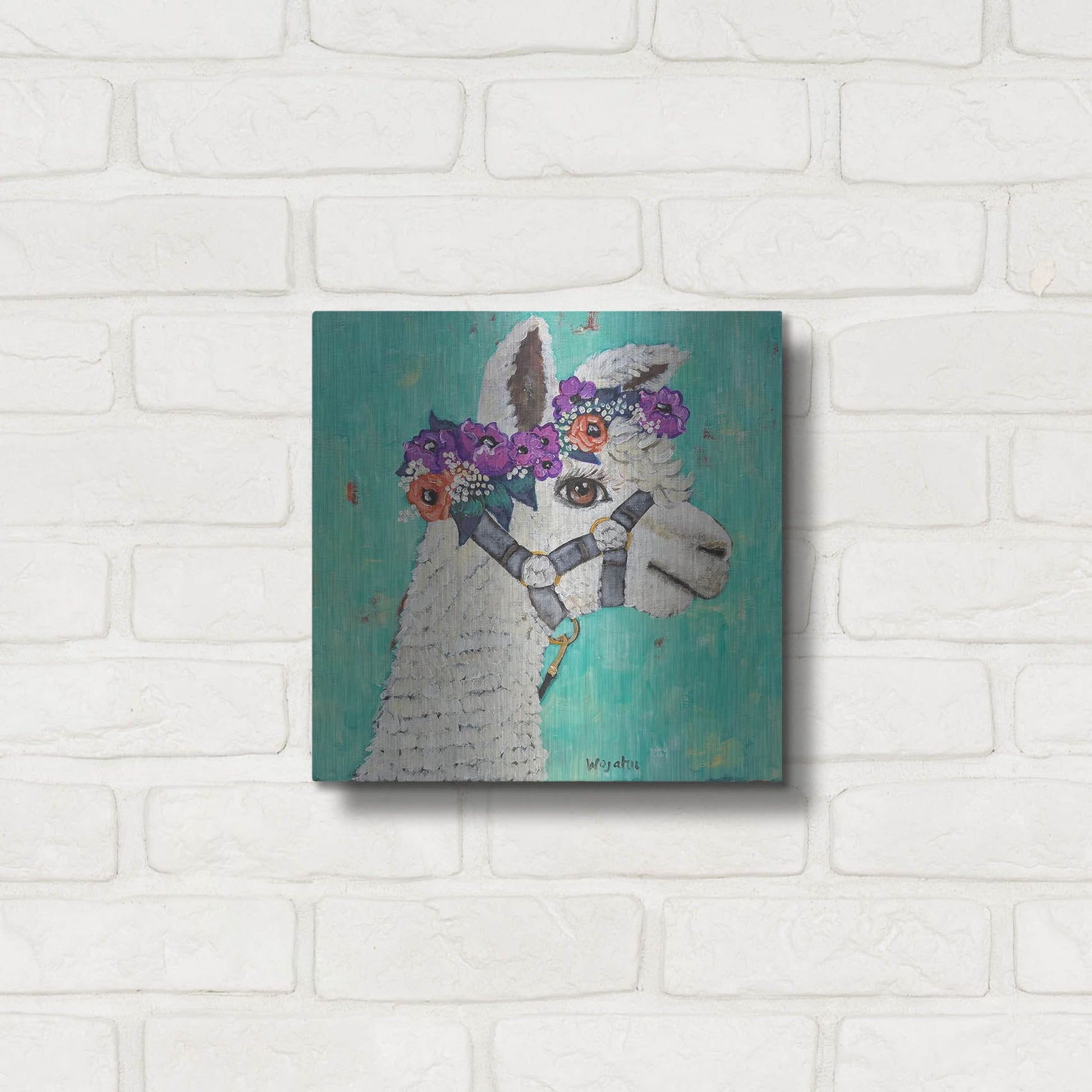 Luxe Metal Art 'Flower Headed Llama' by Holly Wojhan, Metal Wall Art,12x12