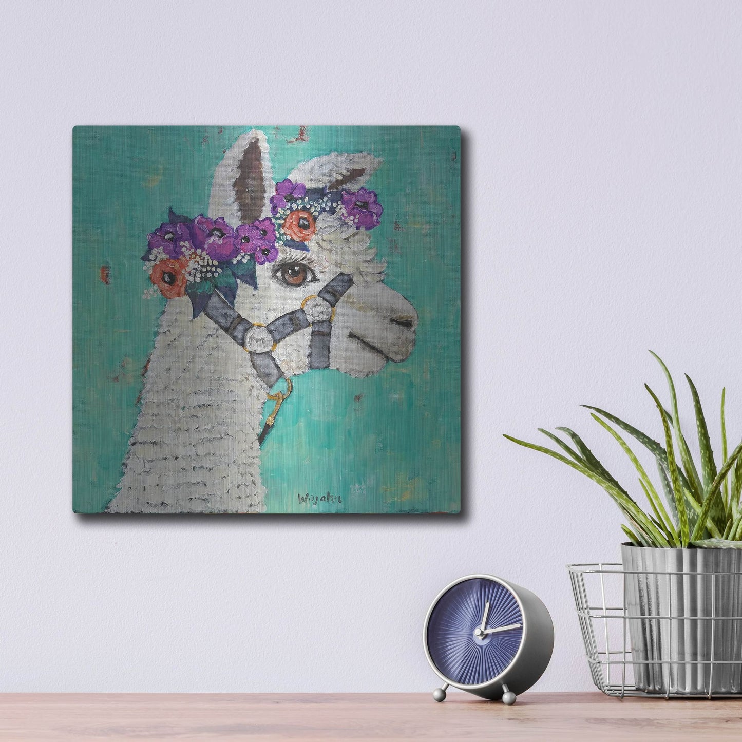 Luxe Metal Art 'Flower Headed Llama' by Holly Wojhan, Metal Wall Art,12x12