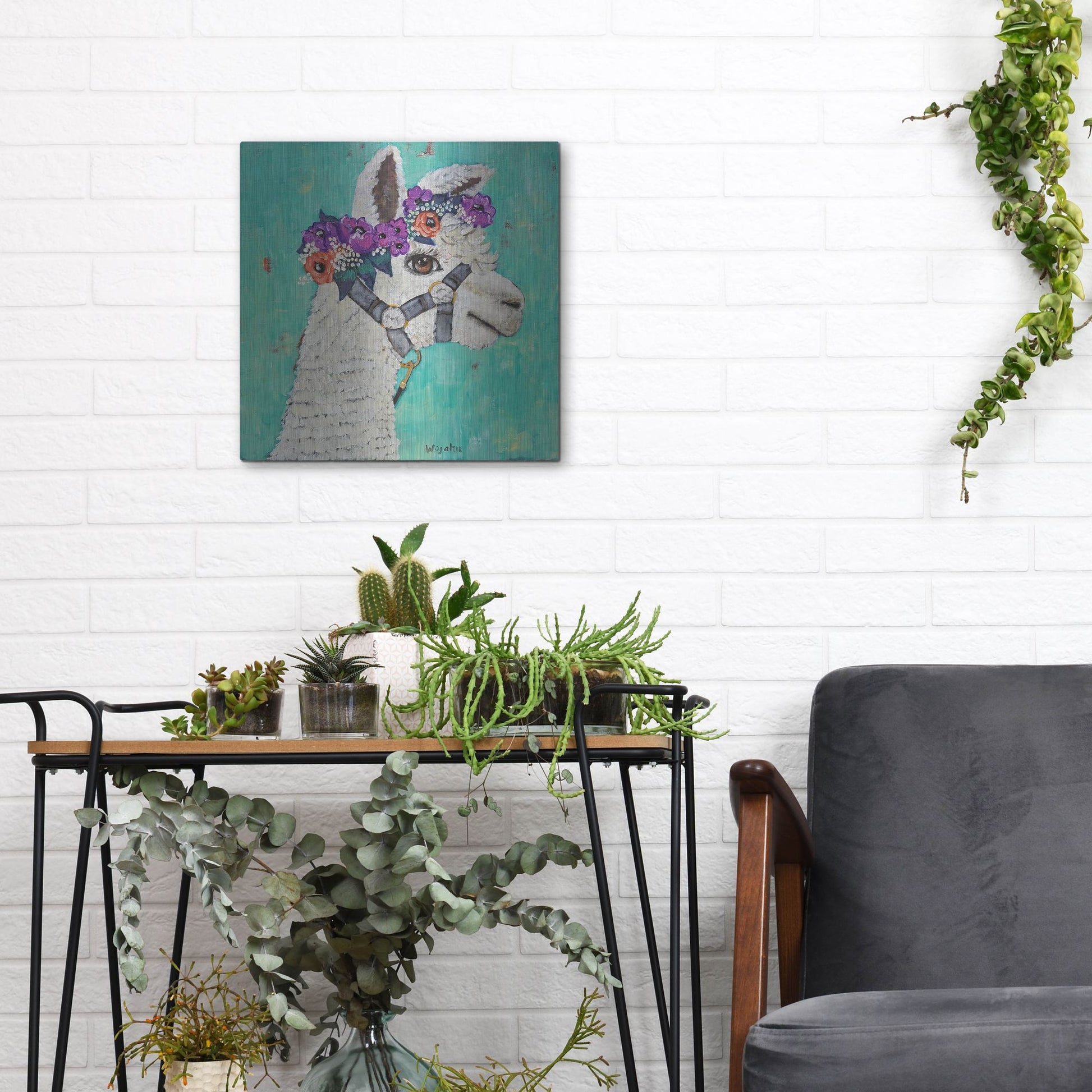 Luxe Metal Art 'Flower Headed Llama' by Holly Wojhan, Metal Wall Art,12x12