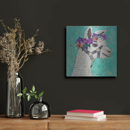 Luxe Metal Art 'Flower Headed Llama' by Holly Wojhan, Metal Wall Art,12x12