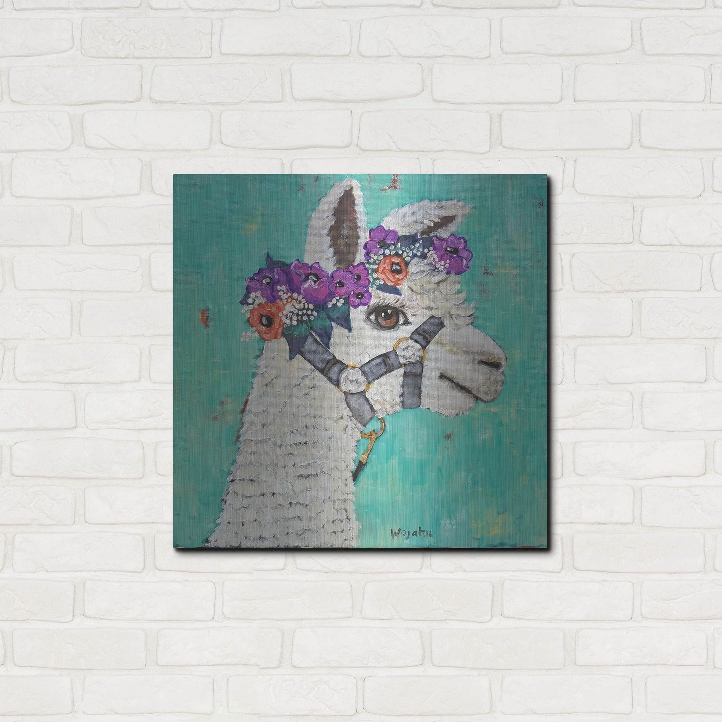 Luxe Metal Art 'Flower Headed Llama' by Holly Wojhan, Metal Wall Art,24x24