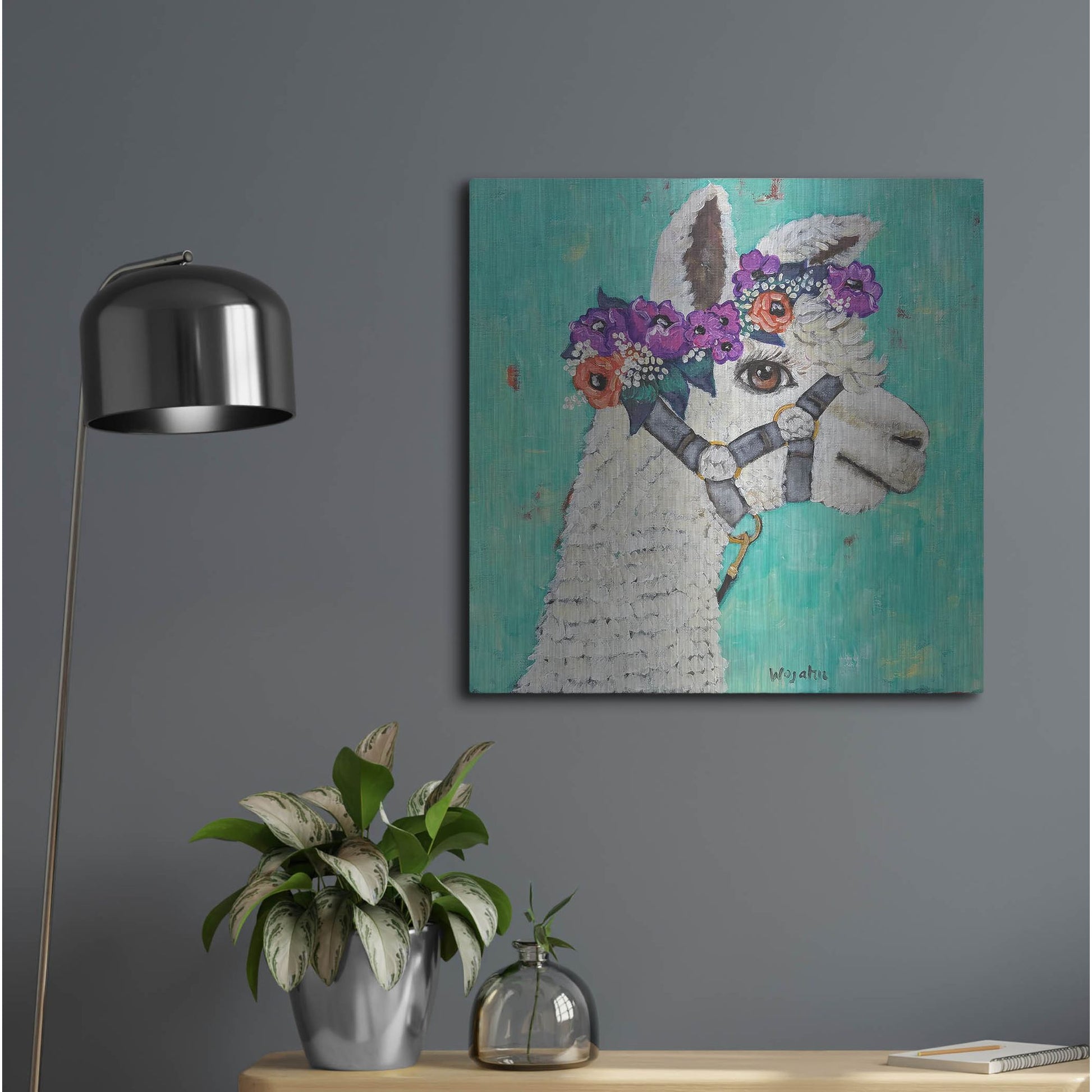 Luxe Metal Art 'Flower Headed Llama' by Holly Wojhan, Metal Wall Art,24x24