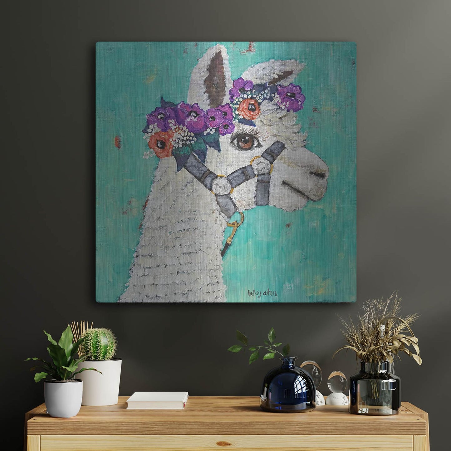 Luxe Metal Art 'Flower Headed Llama' by Holly Wojhan, Metal Wall Art,24x24