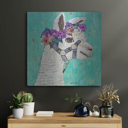 Luxe Metal Art 'Flower Headed Llama' by Holly Wojhan, Metal Wall Art,24x24