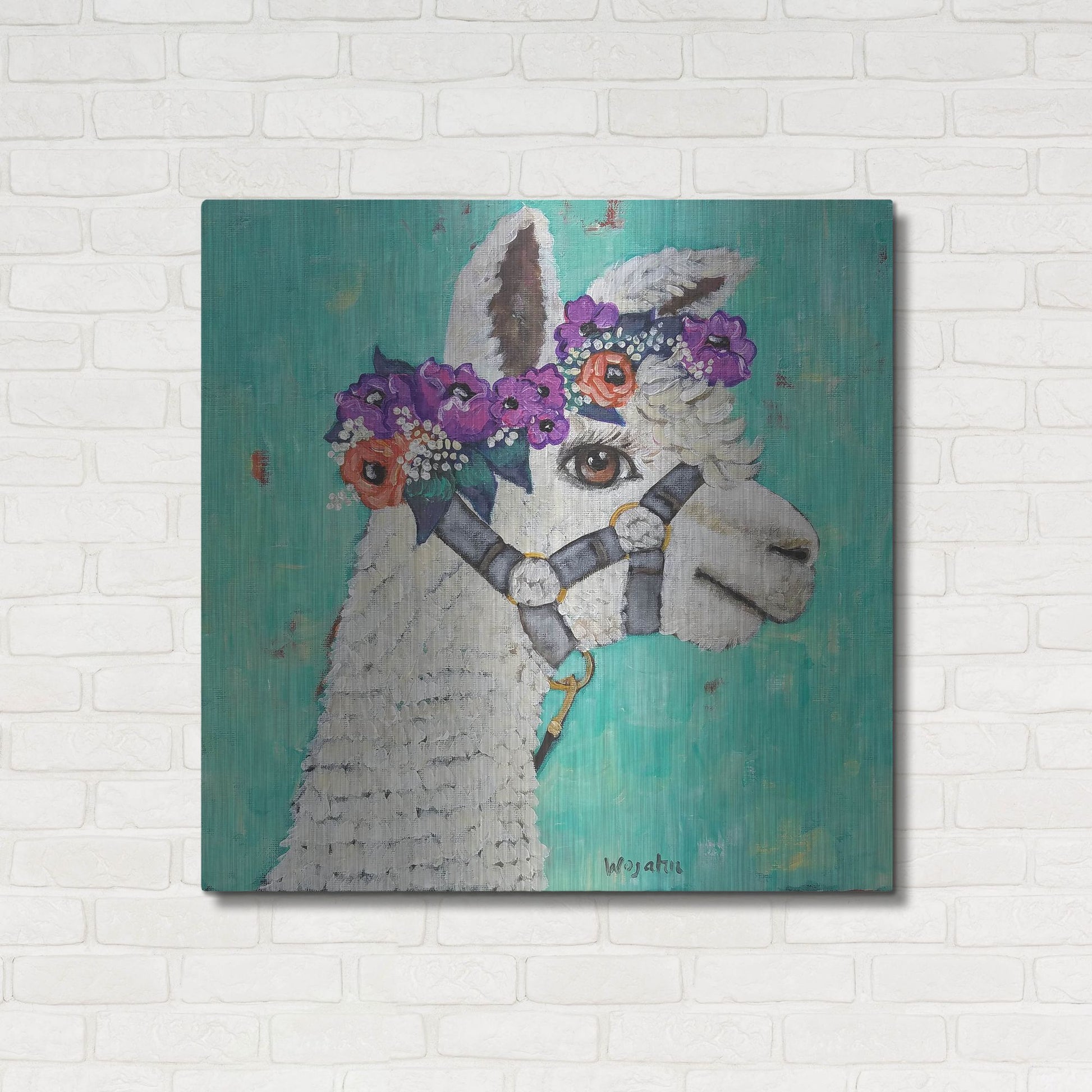 Luxe Metal Art 'Flower Headed Llama' by Holly Wojhan, Metal Wall Art,36x36