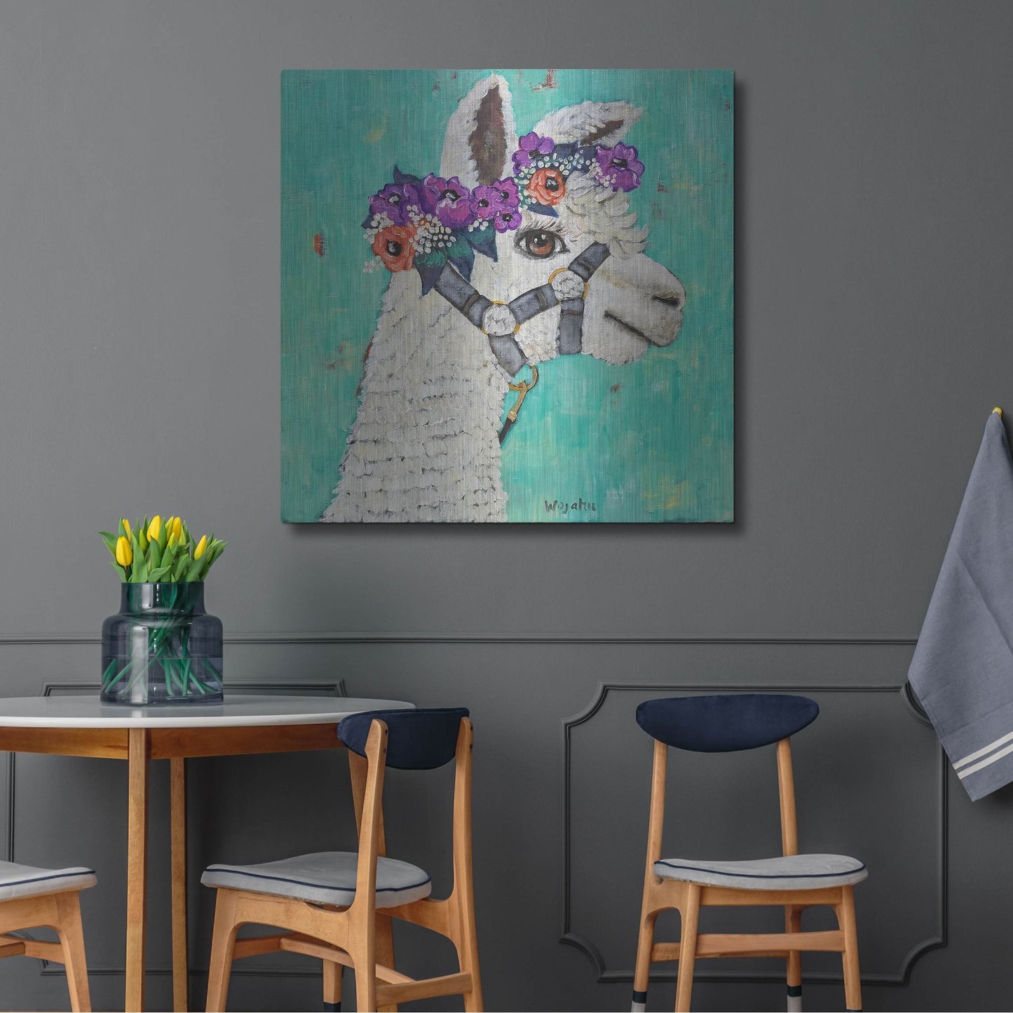Luxe Metal Art 'Flower Headed Llama' by Holly Wojhan, Metal Wall Art,36x36