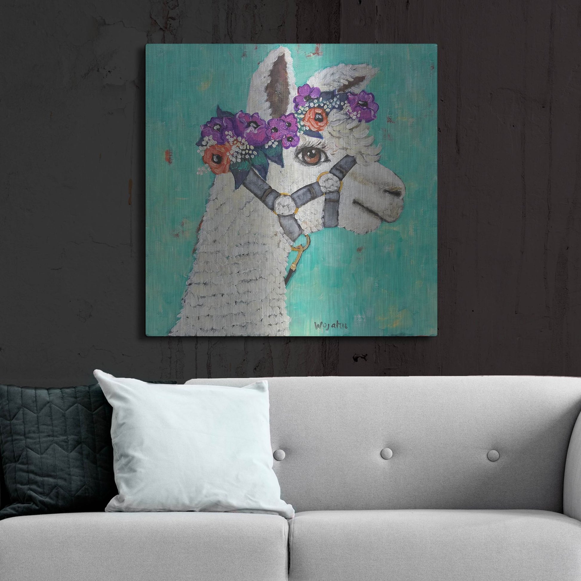 Luxe Metal Art 'Flower Headed Llama' by Holly Wojhan, Metal Wall Art,36x36