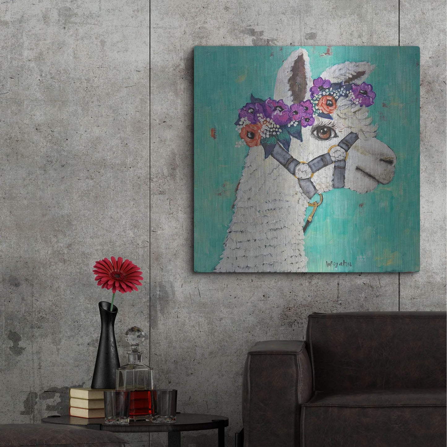 Luxe Metal Art 'Flower Headed Llama' by Holly Wojhan, Metal Wall Art,36x36