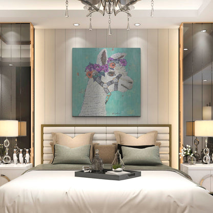 Luxe Metal Art 'Flower Headed Llama' by Holly Wojhan, Metal Wall Art,36x36