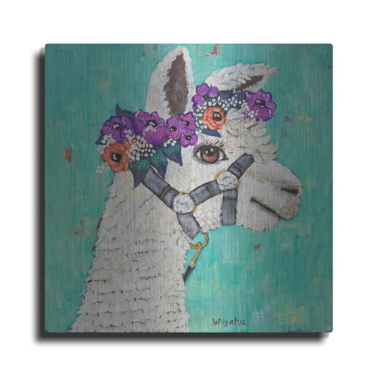 Luxe Metal Art 'Flower Headed Llama' by Holly Wojhan, Metal Wall Art