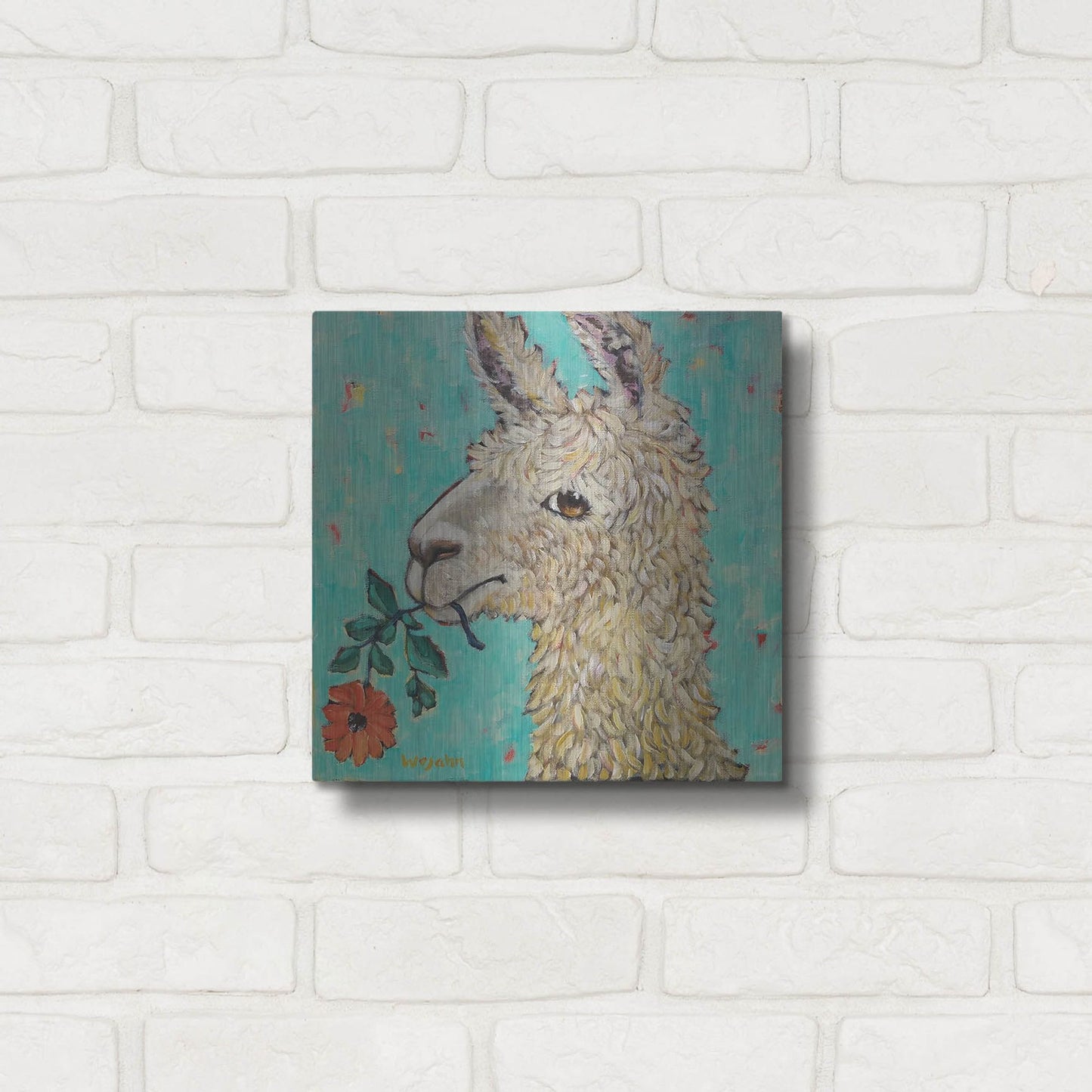 Luxe Metal Art 'Flower Eating Llama' by Holly Wojhan, Metal Wall Art,12x12