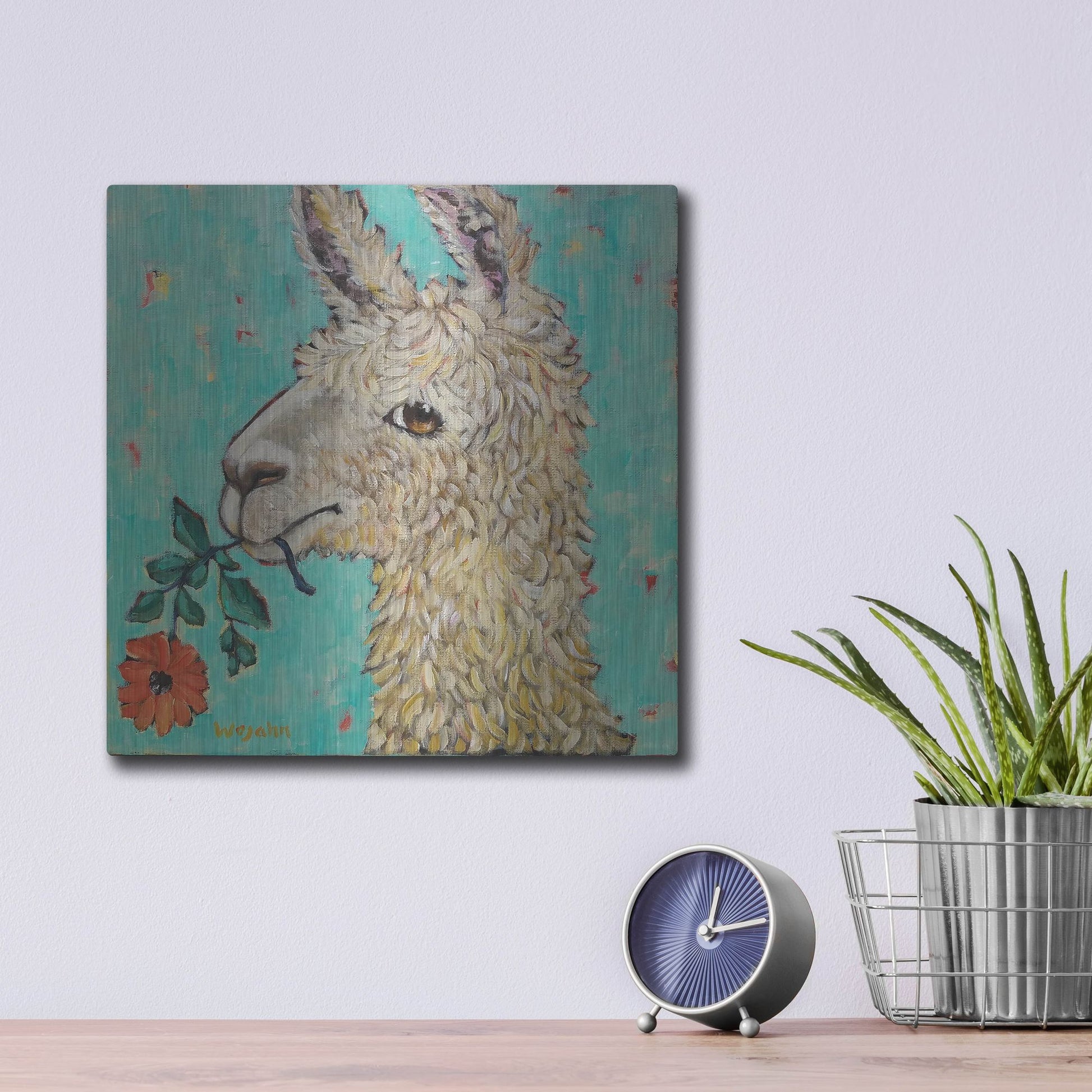 Luxe Metal Art 'Flower Eating Llama' by Holly Wojhan, Metal Wall Art,12x12
