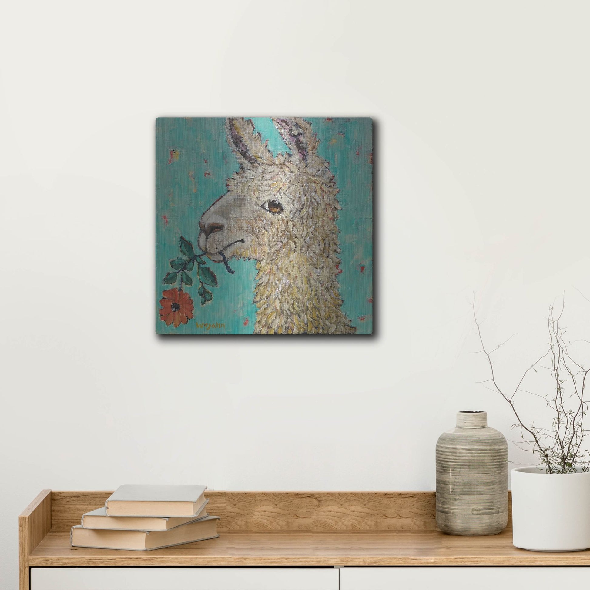 Luxe Metal Art 'Flower Eating Llama' by Holly Wojhan, Metal Wall Art,12x12