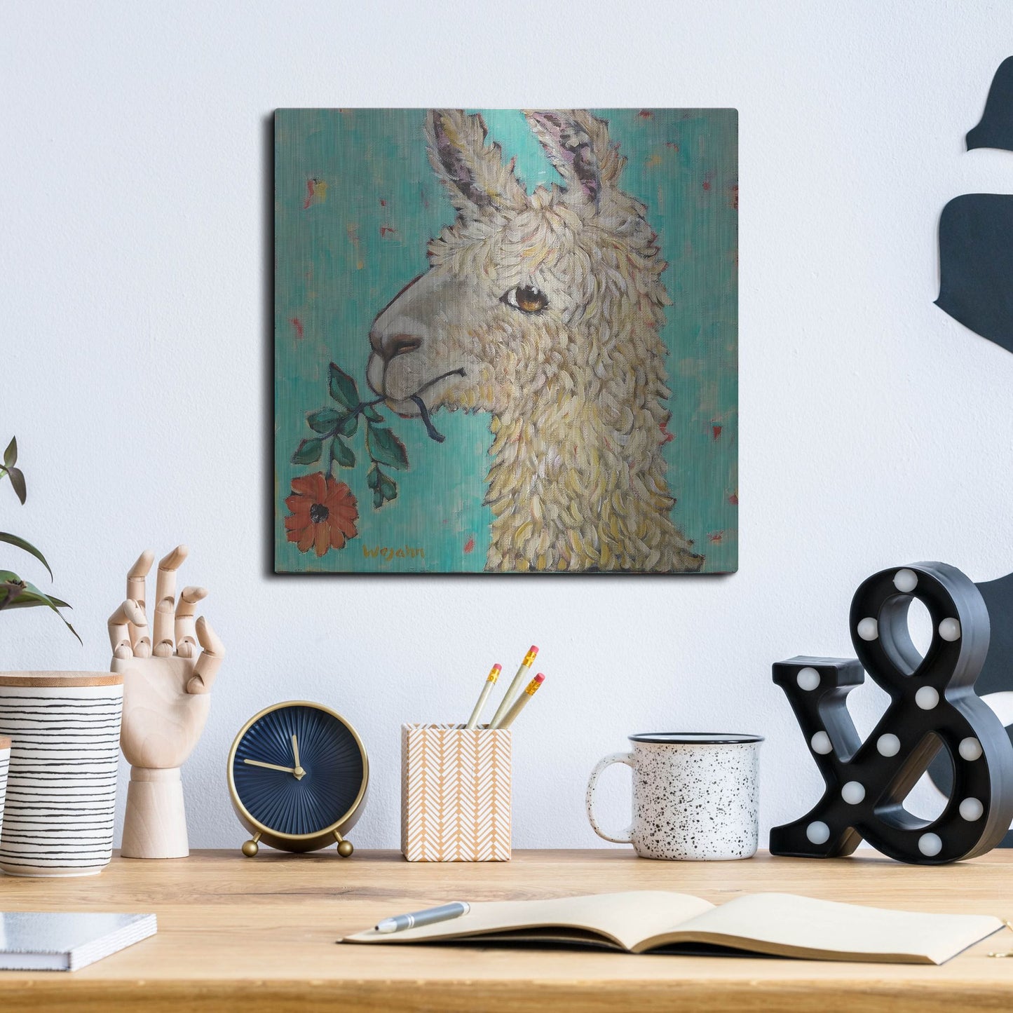 Luxe Metal Art 'Flower Eating Llama' by Holly Wojhan, Metal Wall Art,12x12