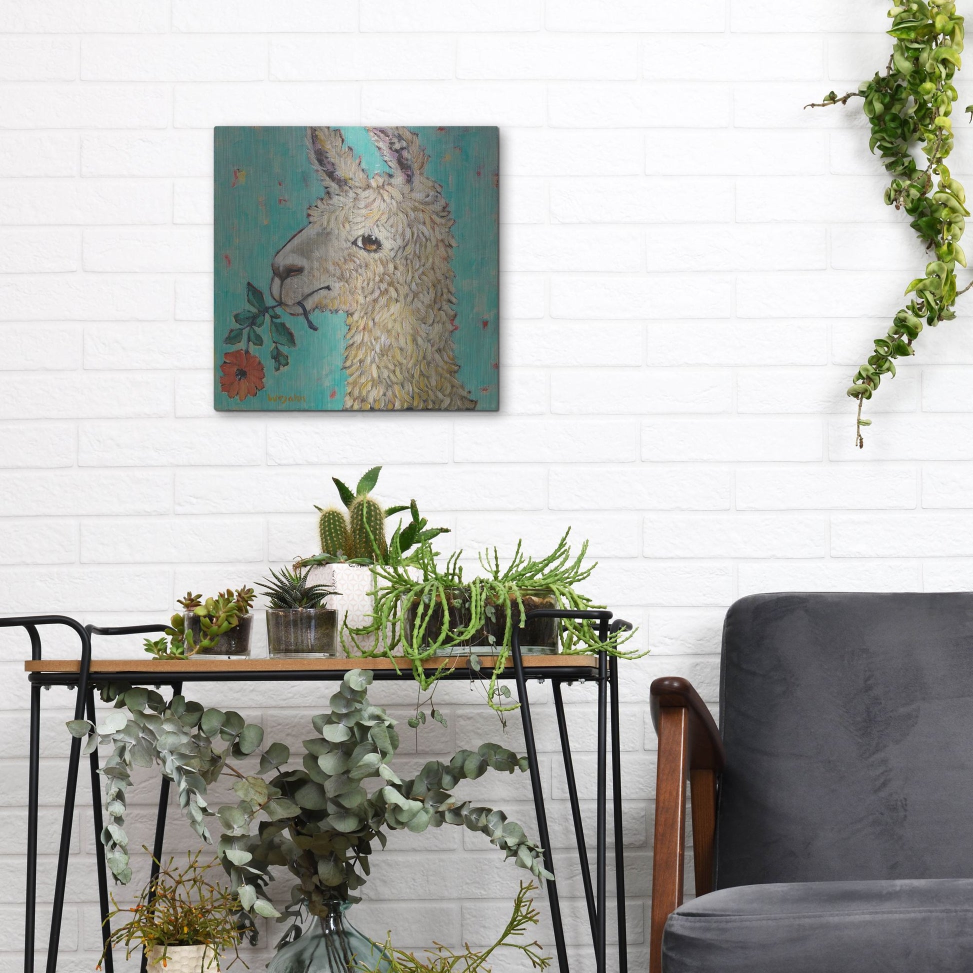 Luxe Metal Art 'Flower Eating Llama' by Holly Wojhan, Metal Wall Art,12x12