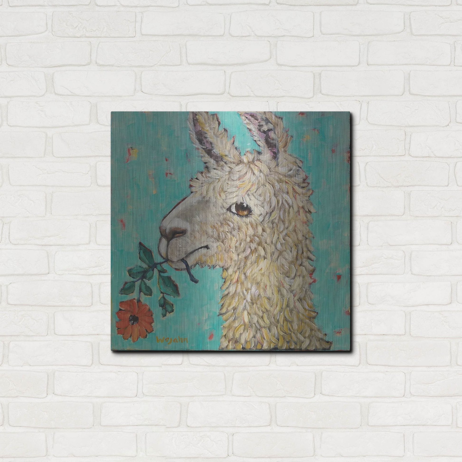 Luxe Metal Art 'Flower Eating Llama' by Holly Wojhan, Metal Wall Art,24x24